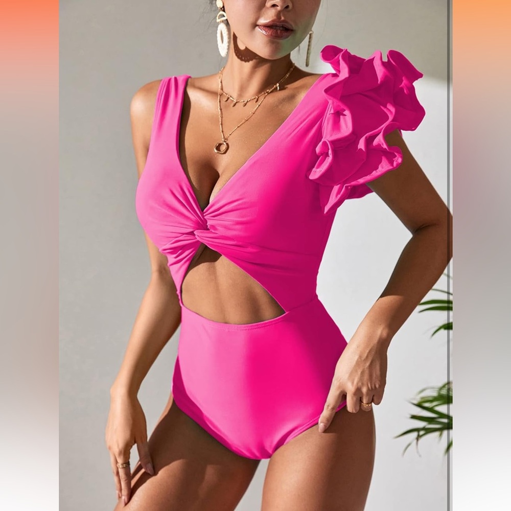 Barbie Hot Pink Ruffled Cut-Out Plunging Swimsuit